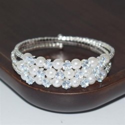 bride layer Pearl Rhinestone zircon twining opening bangle bracelet gold silve..