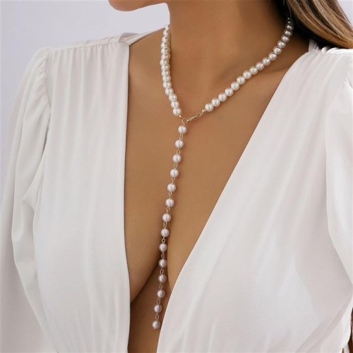 occidental style  brief all-Purpose imitate Pearl beads clavicle necklace  fashion retro long style tass