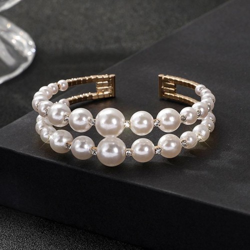 occidental style Double layer diamond bracelet  opening imitate Pearl bangle  bride flash diamond Pearl