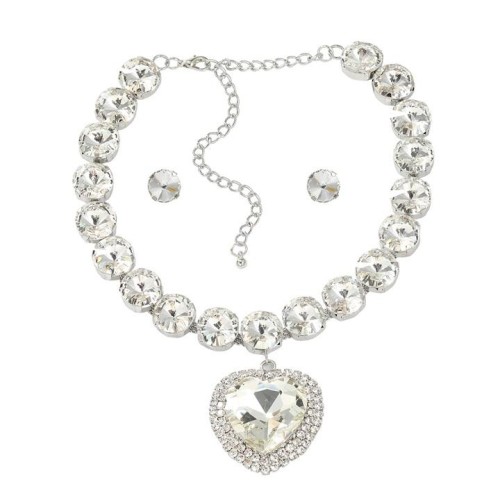 occidental style earrings necklace set woman Round glass diamond ear stud heart-shaped pendant bride banquet s