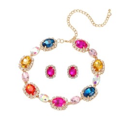 occidental style earrings necklace set woman Round glass diamond ear stud swea..