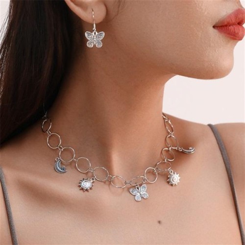  occidental style butterfly pendant necklace earrings set fashion brief woman chain sun flower woman