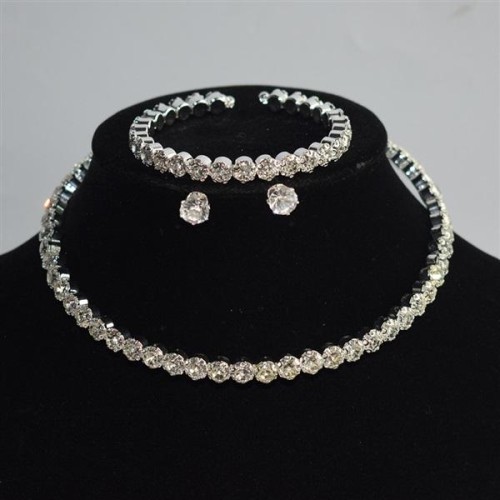 bride row gold silver Collar bangle ear stud two Rhinestone claw chain necklace set