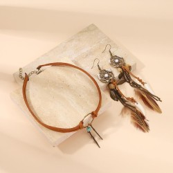 retro wind turquoise Alloy pendant leather clavicle chain feather tassel earri..