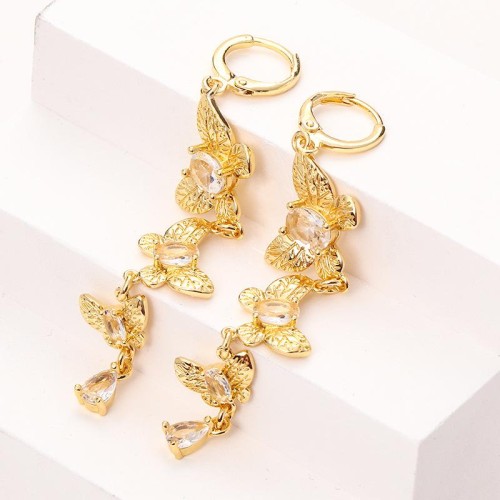 women bronze embed zircon long style butterfly earring high color retention bronze gold plated personality tem