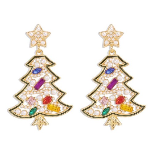 E occidental style christmas earrings  personality embed colorful diamond Pearl christmas tree star earring wom