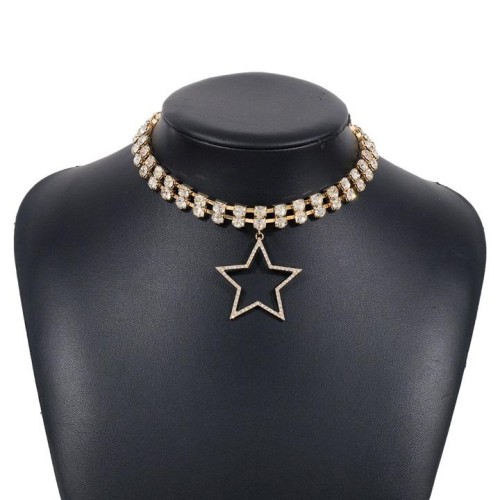  fashion personality Double row diamond Five-pointed star necklace   occidental style brilliant Rhinestone chain