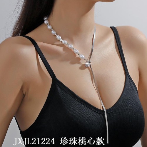  stainless steel sweater chain long style Pearl diamond Peach heart necklace clavicle ch