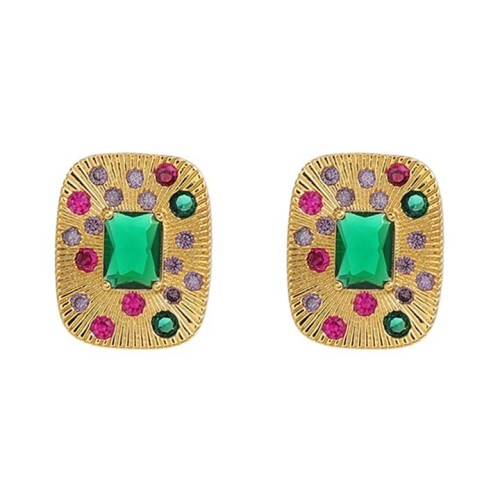 bronze earrings occidental style retro Earring woman square colorful diamond medium ear stud silverearri