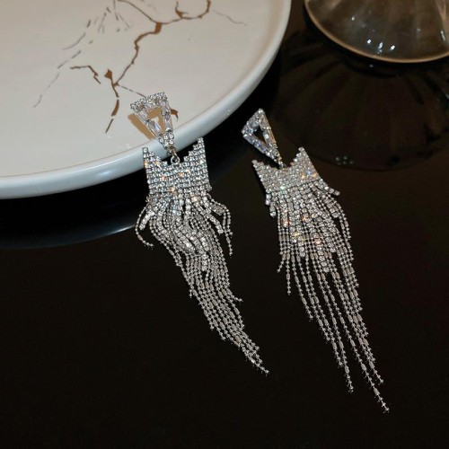 retro diamond triangle long style tassel silver earrings high samll temperament fashion