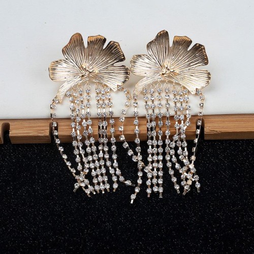 occidental style samll exaggerating personality petal flash diamond chain tassel earrings high long style earri