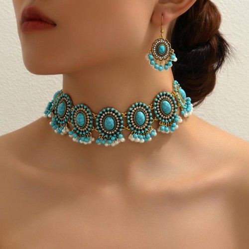 occidental style fashion Bohemia noble wind turquoise accessories temperament necklace earring woman set