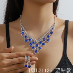 bride Rhinestone blue color necklace earrings two set banquet necklace