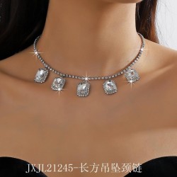 occidental style brief Rhinestone chain splice square crystal pendant necklace..