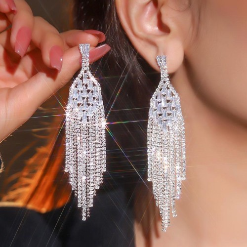  occidental style exaggerating super long fully-jewelled earrings diamond zircon chain e