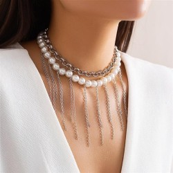 occidental style samll imitate Pearl tassel clavicle chain Double layer retro ..