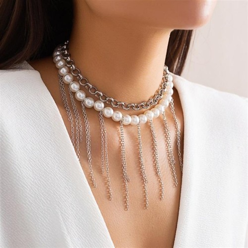 occidental style samll imitate Pearl tassel clavicle chain Double layer retro necklace womannecklace