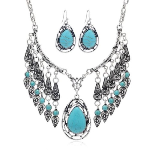 occidental style exaggerating hollow gem clavicle chain necklace set woman fashion ethnic style turq