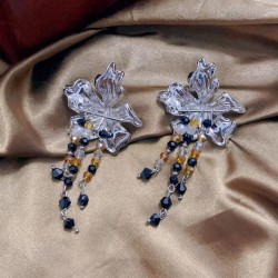new medium retro wind romantic Metal flower tassel earrings high ear stud woma..