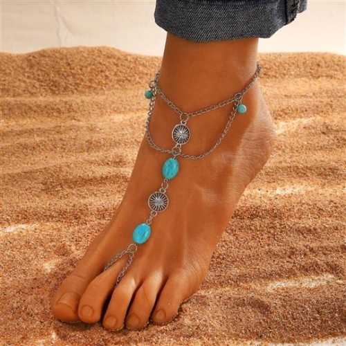  turquoise Anklet foot woman Bohemia ethnic style multilayer tassel Anklet