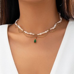occidental style retro brief imitate Pearl wave tassel necklace  temperament a..