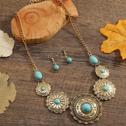 occidental style fashion retro turquoise necklace Round flowers necklace earri..