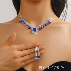  occidental style fully-jewelled square crystal color blue necklace earrings s..