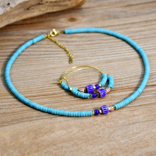  turquoise handmade beads necklace woman all-Purpose samll beads earrings set