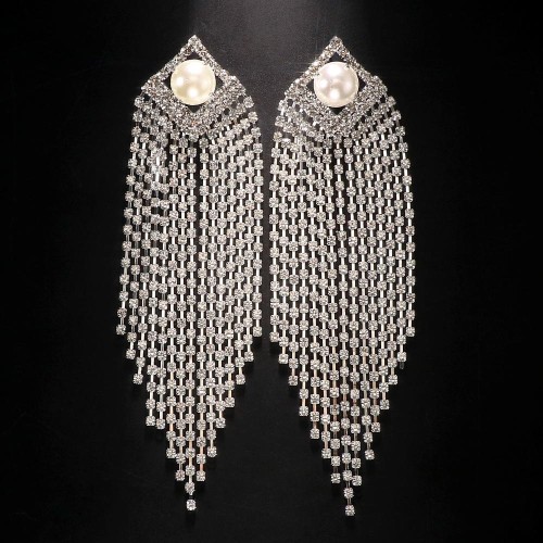  fashion Rhinestone tassel ear stud  occidental style personality Pearl earrings fully-jewelled Earring woman 