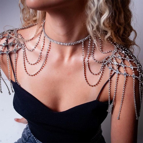 Rhinestone chain  punk multilayer tassel chain  stage watch-face chain
