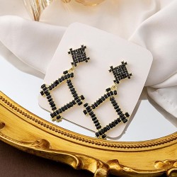 silver black diamond geometry earrings  retro square hollow fully-jewelled ear..