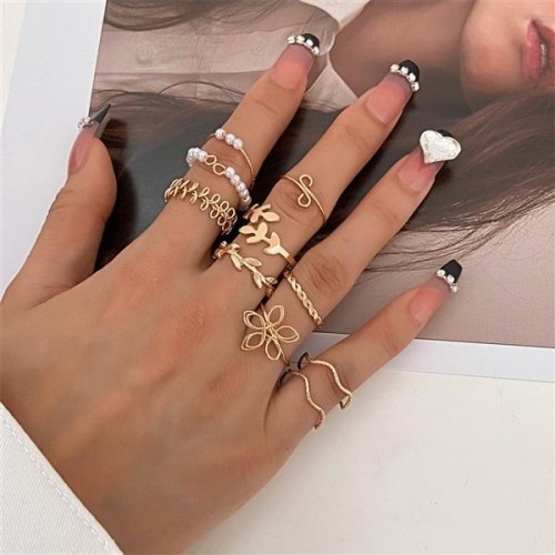 occidental style retro mosaic Pearl set ringins wind flowers leaves creative ring