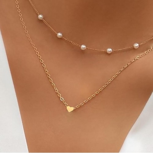 occidental style Double layer necklace creative brief Street Snap bronze Peach heart Pearl multilayer clavicle