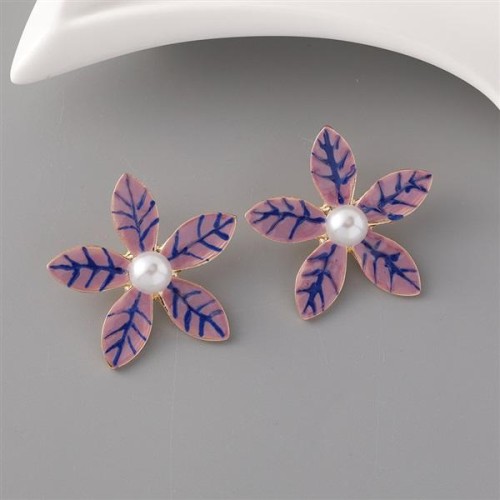 occidental style fashion brief all-Purpose creative flowers earrings Alloy enamel embed Pearl Earring woman