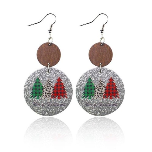 christmas Round leather earrings frostingPU christmas tree occidental style