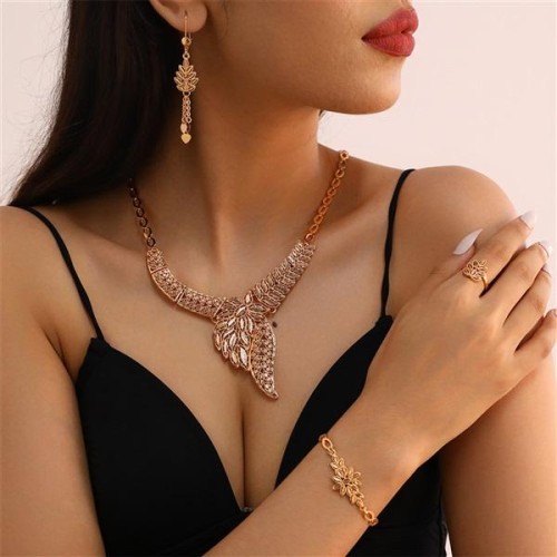  occidental style woman necklace ear stud bracelet ring set Alloy hollow fashion