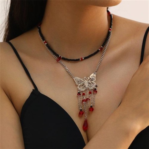 occidental style butterfly tassel woman butterfly color pendant woman Double layer necklace