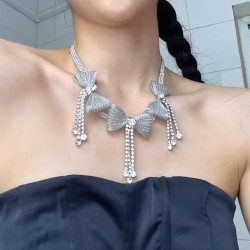 samll high flash diamond bow tassel necklace banquet clavicle chain woman