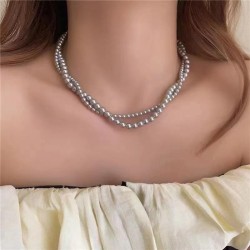  retro Double layer twining Pearl necklace elegant temperament high clavicle c..