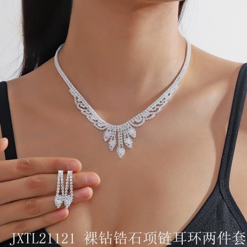   claw chain diamond zircon fully-jewelled earrings necklace set  retro brief clavicl