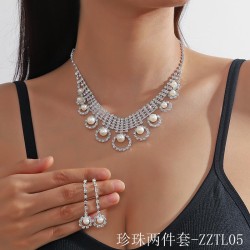 claw chain Pearl Rhinestone geometry circle circle necklace earrings set wedd..