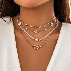 occidental style  daisy flowers beads necklace  samll diamond heart-shaped Pea..