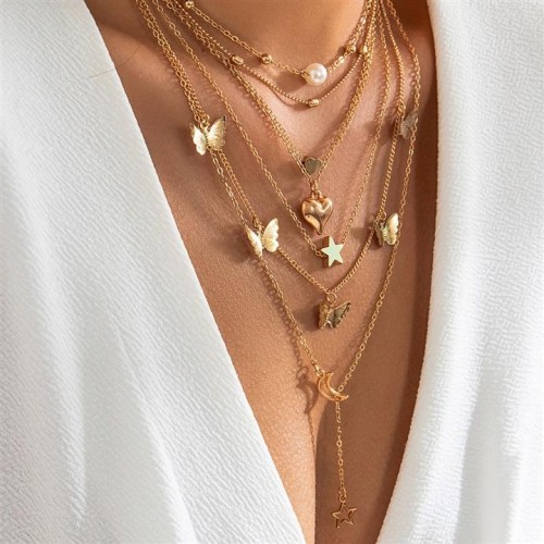 occidental style temperament butterfly Peach heart pendant imitate Pearl necklace set  mash up heart-sha
