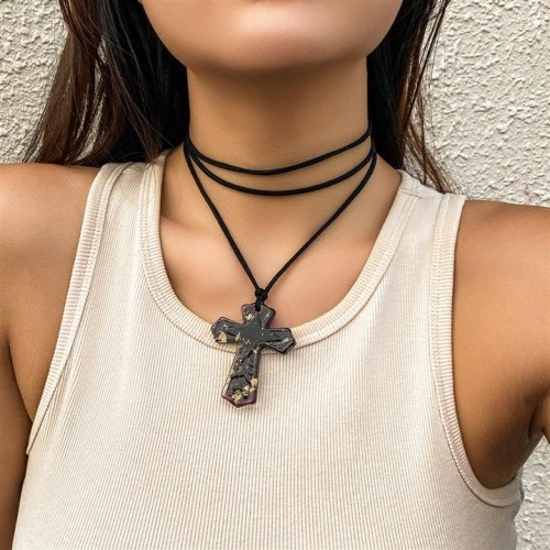 occidental style samll cross black rope velvet belt chain all-Purpose twiningdiy necklace