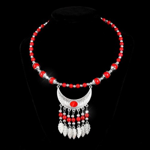  ethnic style Collar necklace  handmade imitate silver necklace Collar  Beads Leaf tassel head