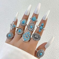 occidental style retro wind imitate turquoise ring  flowers leaves eagle geome..