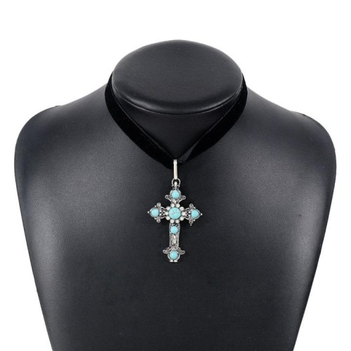 occidental style silver cross pendant necklace  samll retro black punk turquoise chain