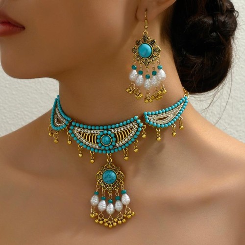 occidental style fashion retro concise turquoise accessories temperament exaggerating lady necklace earring lady set