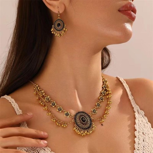  occidental style fashion retro flowers gem temperament necklace earring woman set