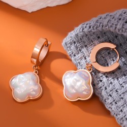 fashion concise Pearl four clover titanium steel temperament lady buckle earri..